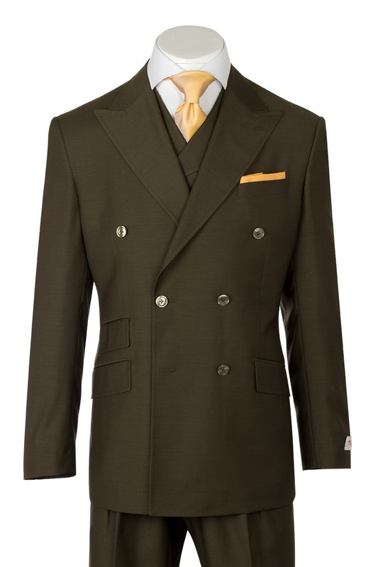 A mannequin showcases the exquisite Tiglio Rosso DB Este Solid Olive suit from the renowned Tiglio Rosso collection, featuring a dark olive double-breasted design. Made from 100% wool, it comes with a coordinating vest and is beautifully accessorized with a light orange tie and pocket square.