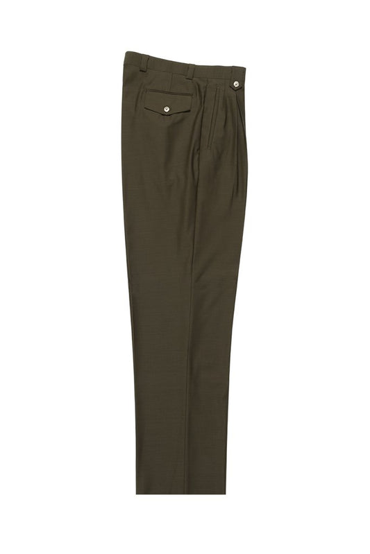 The Tiglio Luxe Olive Wide Leg Dress Pants 2576, crafted from pure wool by the brand Tiglio, are designed with side and back pockets, button closures, and belt loops for a comfortable fit. They are displayed against a white background.