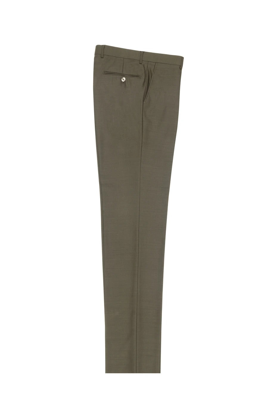 The Tiglio Luxe Olive Flat Front Dress Pants (model 2560), crafted from pure extrafine wool, highlight a modern fit with a single back pocket and button, displayed against a white background.