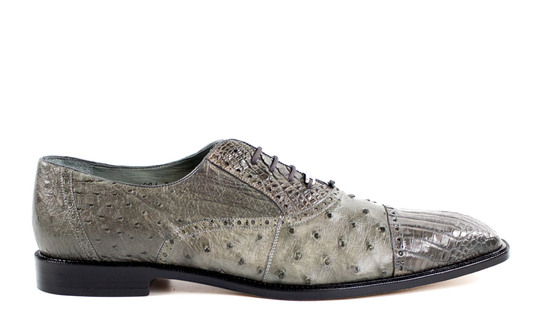 The Belvedere - Onesto II dress shoe, crafted from genuine ostrich and Caiman Crocodilus leather in gray, showcases an intricate crocodile pattern and a lace-up design, complete with a polished leather sole, presented in a side view.