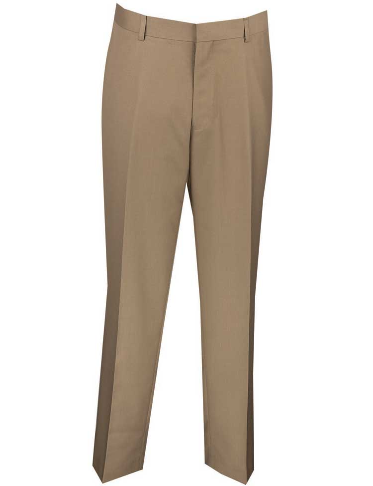 The Vinci Suits Vinci Slim Fit Flat Front Pre-Hemmed Dress Pants (Beige) OS-900, featuring belt loops and a front crease with a wrinkle-resistant design, are displayed against a white background.