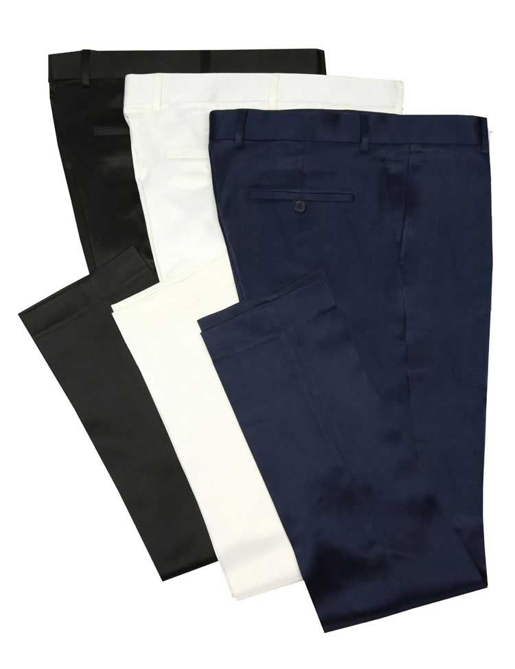 Two pairs of formal trousers in ultra slim fit from Vinci Suits are arranged in an overlapping stack, featuring sleek black and crisp white pants alongside the Vinci Stretch Sateen Pants (Navy) OUS-ST.