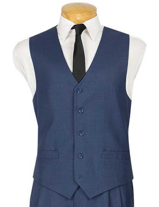 A mannequin is displaying the Vinci Suits' Slim Fit Single Breasted 5 Button Vest in blue (model OV-900), elegantly layered over a crisp white shirt and complemented by a sleek black tie.