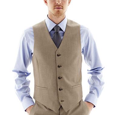 Man wearing a Vinci Slim Fit Single Breasted 5 Button Vest in khaki over a light blue dress shirt with a dark tie.