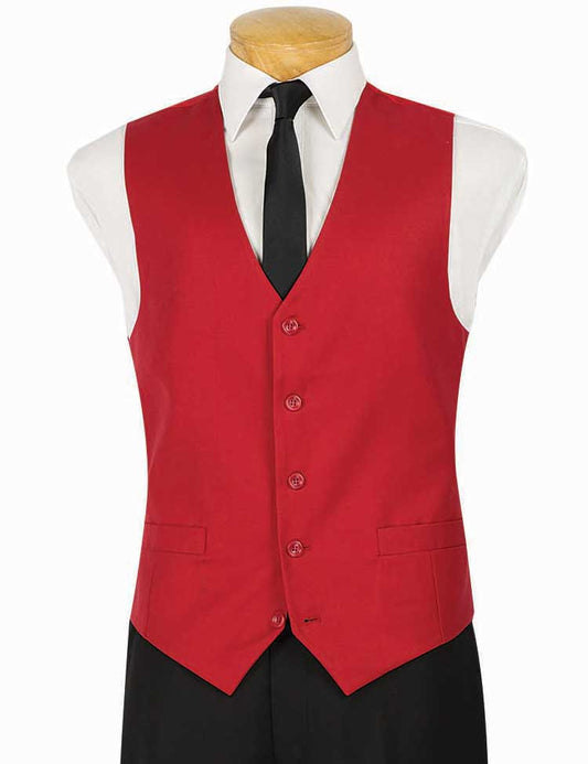 The Vinci Slim Fit Single Breasted 5 Button Vest (Red) OV-900 from Vinci Suits is impeccably showcased on the mannequin, elegantly worn over a crisp white shirt with a black tie.