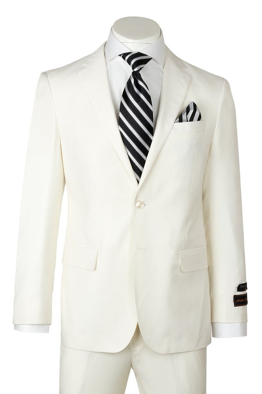 The Tiglio Luxe Novello Off White Suit, crafted from luxurious Super 150's Wool, is elegantly displayed on a mannequin with a modern European fit, paired with a black and white striped tie and pocket square.