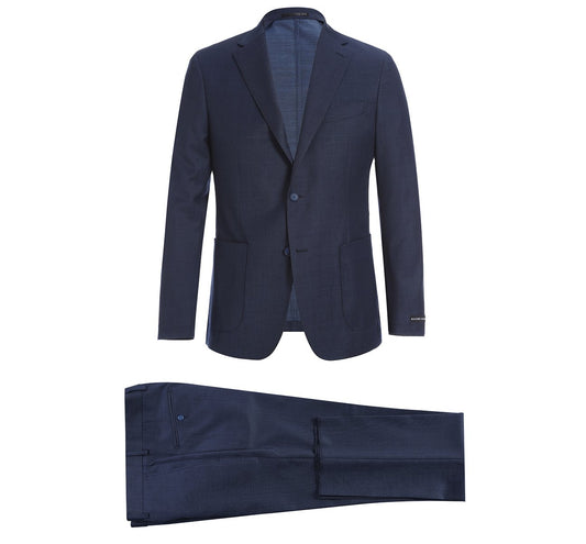 The Pellagio Navy Slim Fit Travel Suit, featuring a suit jacket and matching trousers with anti-microbial properties, nature stretch, and wrinkle resistance, showcased on a white background.