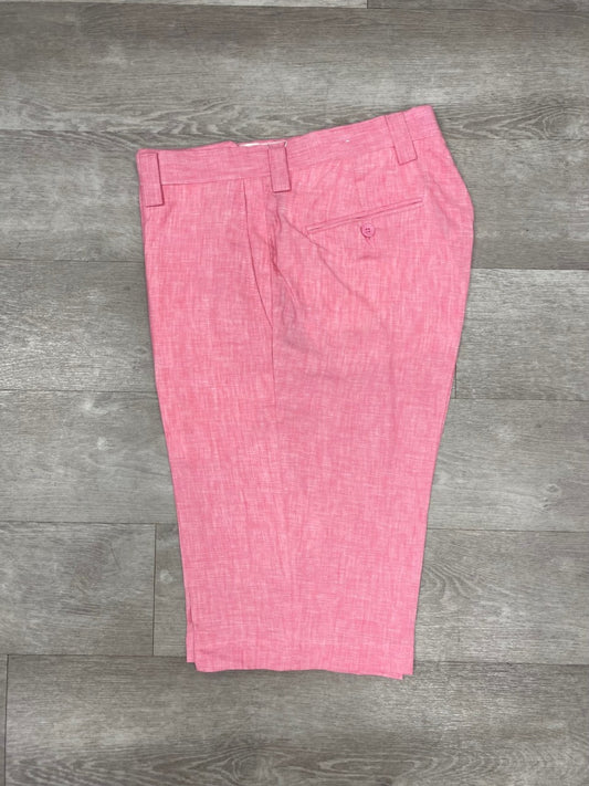 Introducing the Inserch Premium Linen Flat Front Shorts in Pink (P21116/P21110), crafted with the finest Belgian Flax. Featuring a single back pocket, these shorts are gracefully displayed on a wooden floor, making them an ideal addition to any summer wardrobe.