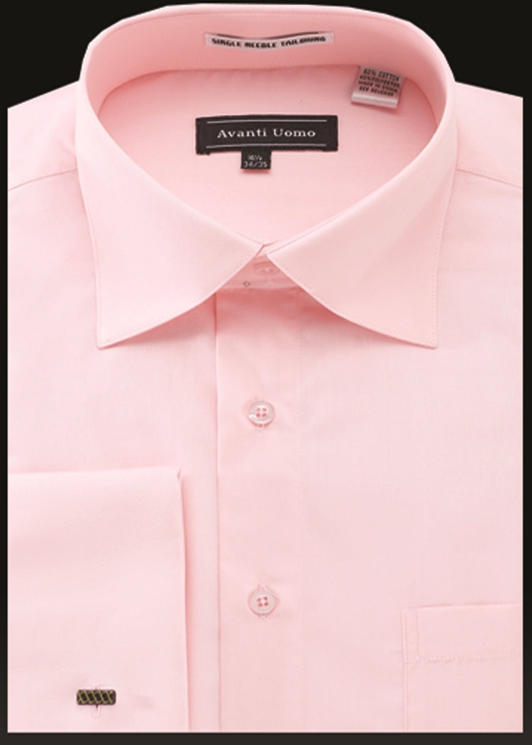 A neatly folded dress shirt in light pink, featuring a label that says "Avanti Uomo French Cuff Dress Shirt DN32M Pink" by AVANTI UOMO.