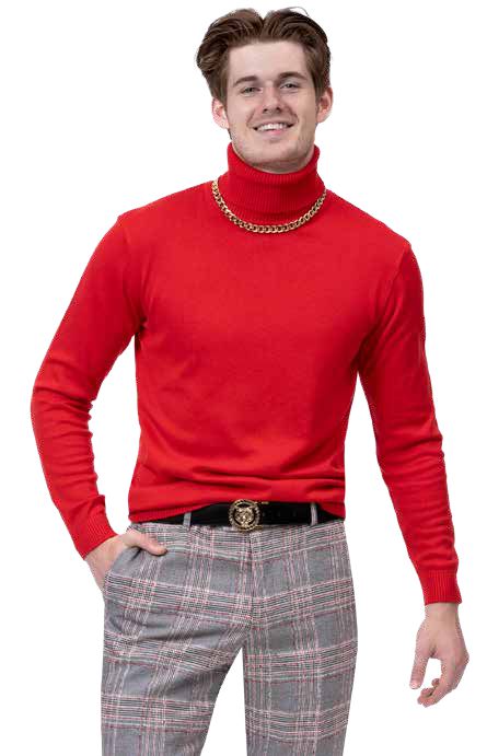 A person wearing a red turtleneck, a gold chain, and EJ SAMUEL's modern fit EJ Samuel Blk/White Plaid Pants PL119 stands against a white background.