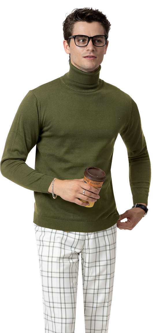 A person in glasses wears a green turtleneck and EJ Samuel White/Green Plaid Pants PL67, holding a coffee cup.