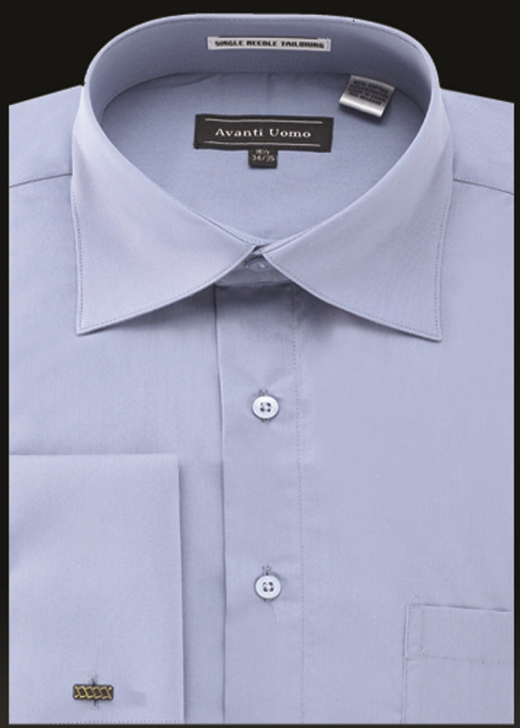 Powder blue men's dress shirt with French cuffs and a pointed collar, featuring the brand "AVANTI UOMO" and small crown embroidery on the cuff.