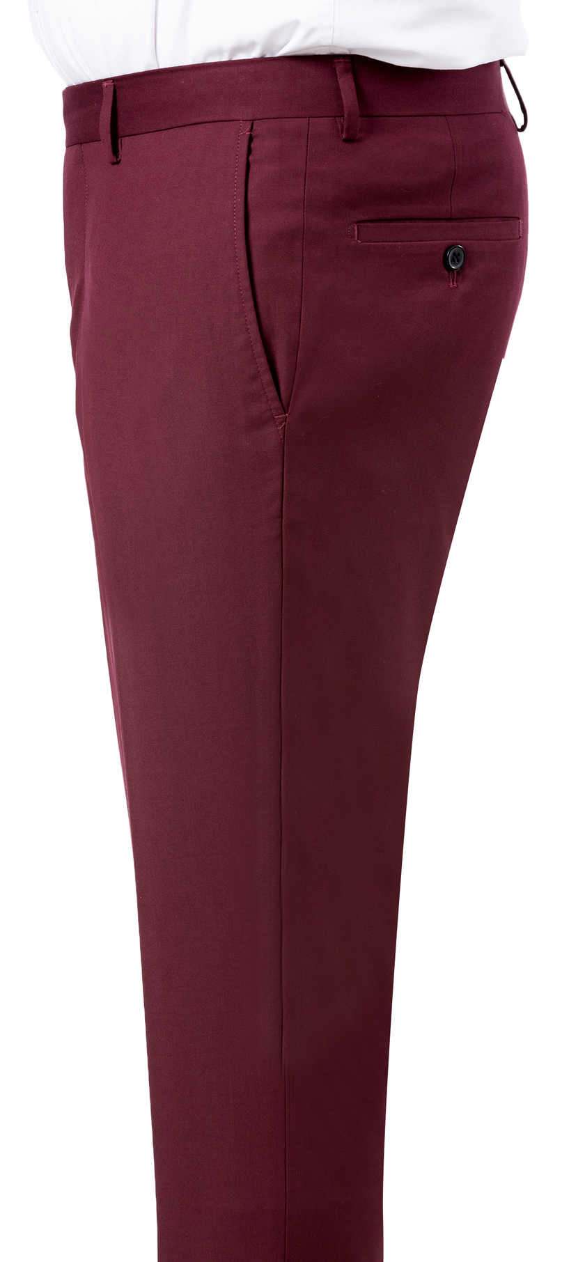 A side view of a person wearing EJ Samuel Burgundy Pants PR01, featuring a flat front, paired with a white shirt.