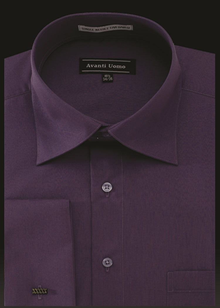 A dark prune dress shirt labeled "Avanti Uomo French Cuff Dress Shirt DN32M Prune" by AVANTI UOMO features a neatly folded collar and a decorative cufflink attached to the sleeve.