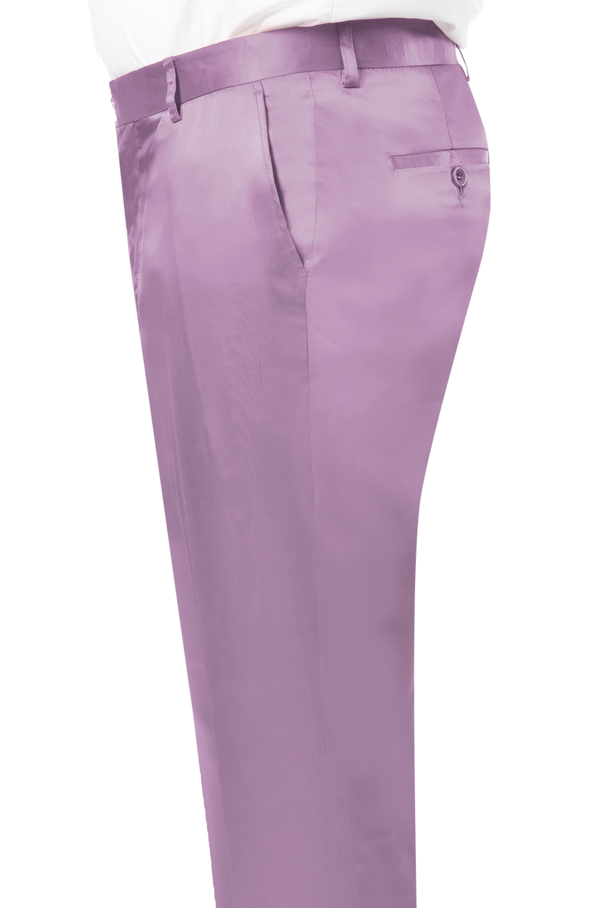 Side view of a person wearing the chic EJ Samuel Mauve Satin Pants PS02 paired with a crisp white shirt, epitomizing contemporary fashion by EJ SAMUEL.