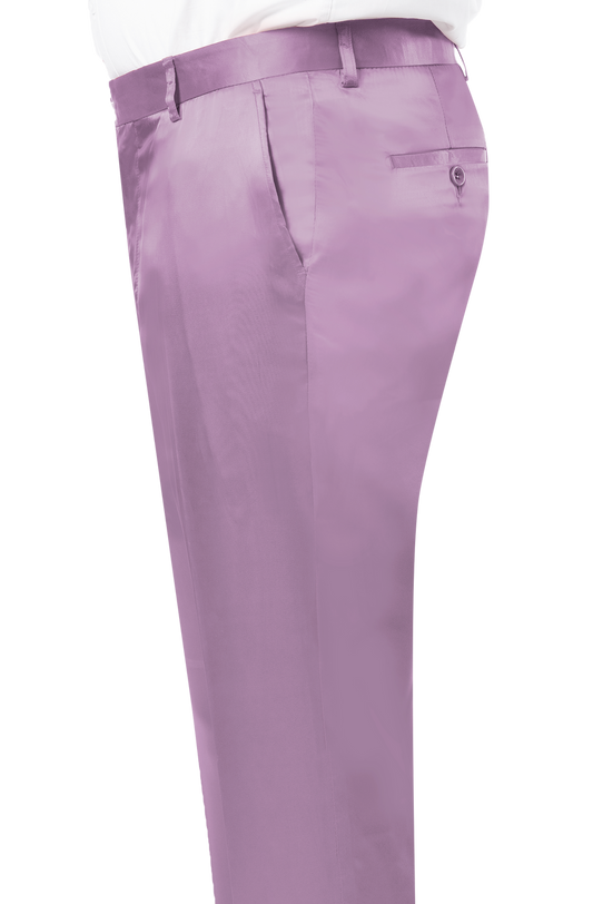 Side view of a person wearing the chic EJ Samuel Mauve Satin Pants PS02 paired with a crisp white shirt, epitomizing contemporary fashion by EJ SAMUEL.