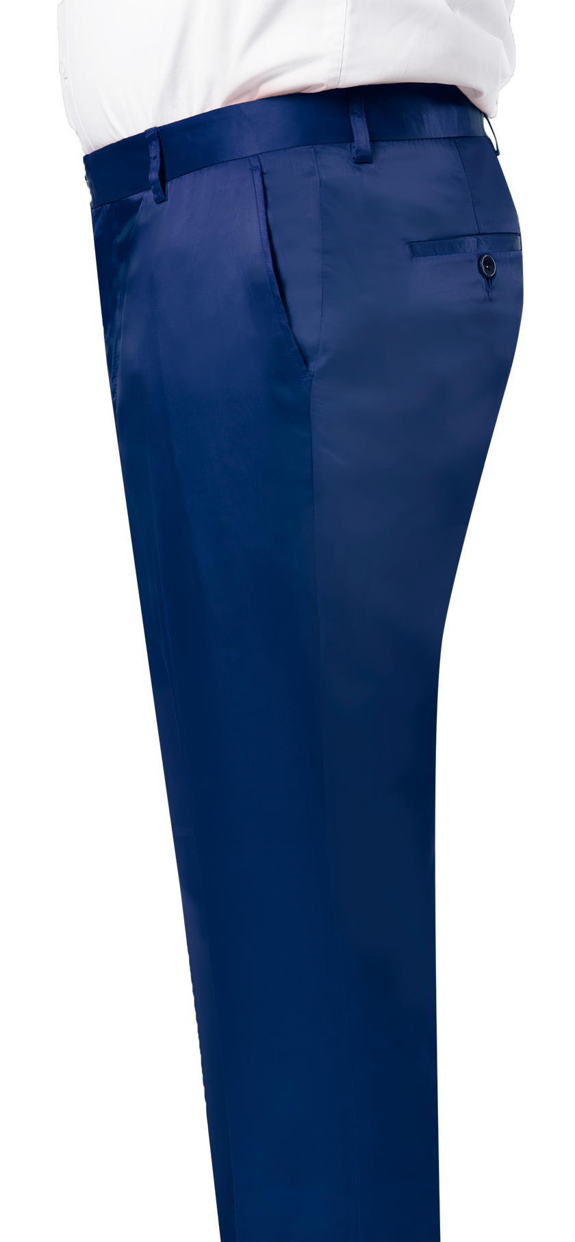 Side view of a person wearing a white shirt and the EJ SAMUEL EJ Samuel Royal Satin Pants PS02 in blue.