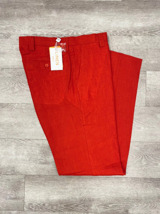 Displayed on a wooden floor, the Inserch Premium Linen Flat Front Pants P3116 Red by Inserch showcase a traditional silhouette in bright red. These casual pants feature a single back pocket and belt loops, complete with an attached tag, making them an ideal choice for warm weather ensembles.