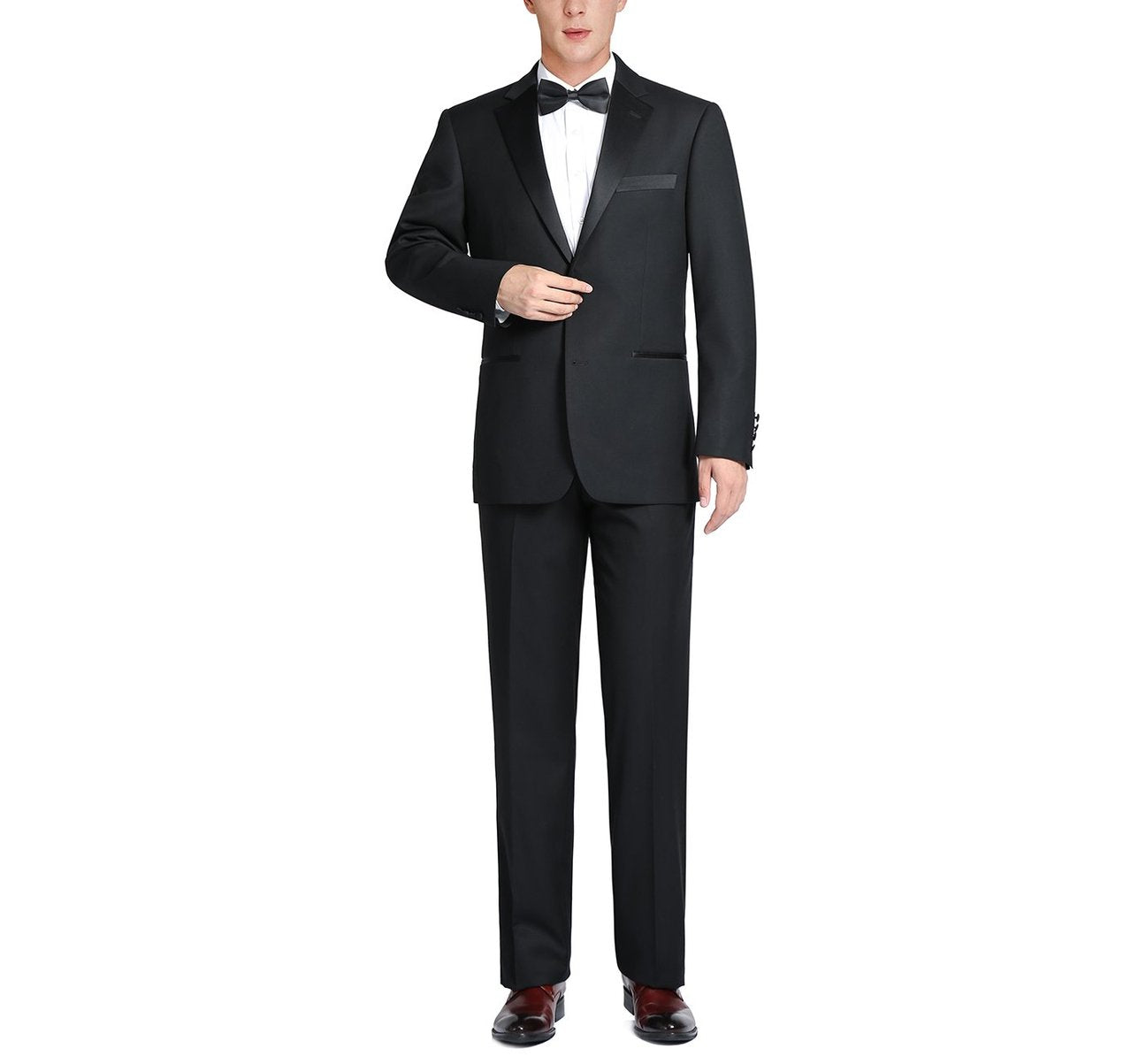 The Alessandro Vitello by Renoir Satin Slim Fit Notched Lapel 2-Piece Tuxedo Suit RI201-1, made from a polyester and viscose-blend for a tailored fit, is shown against a white background.