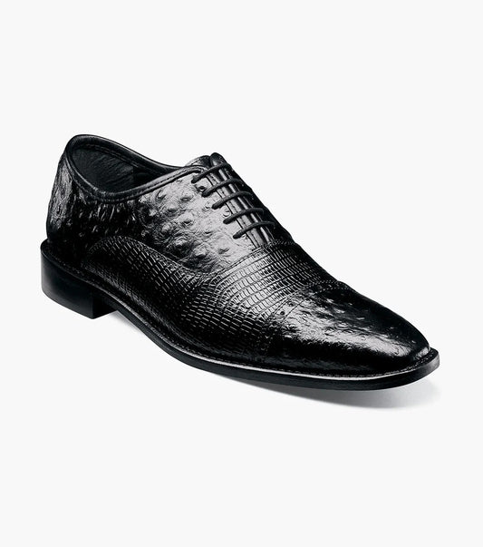 Introducing the Stacy Adams RODANO Leather Sole Cap Toe Oxford in Black (25527-001), a sophisticated dress shoe that showcases an understated lizard print, textured detail, and a refined lace-up design.