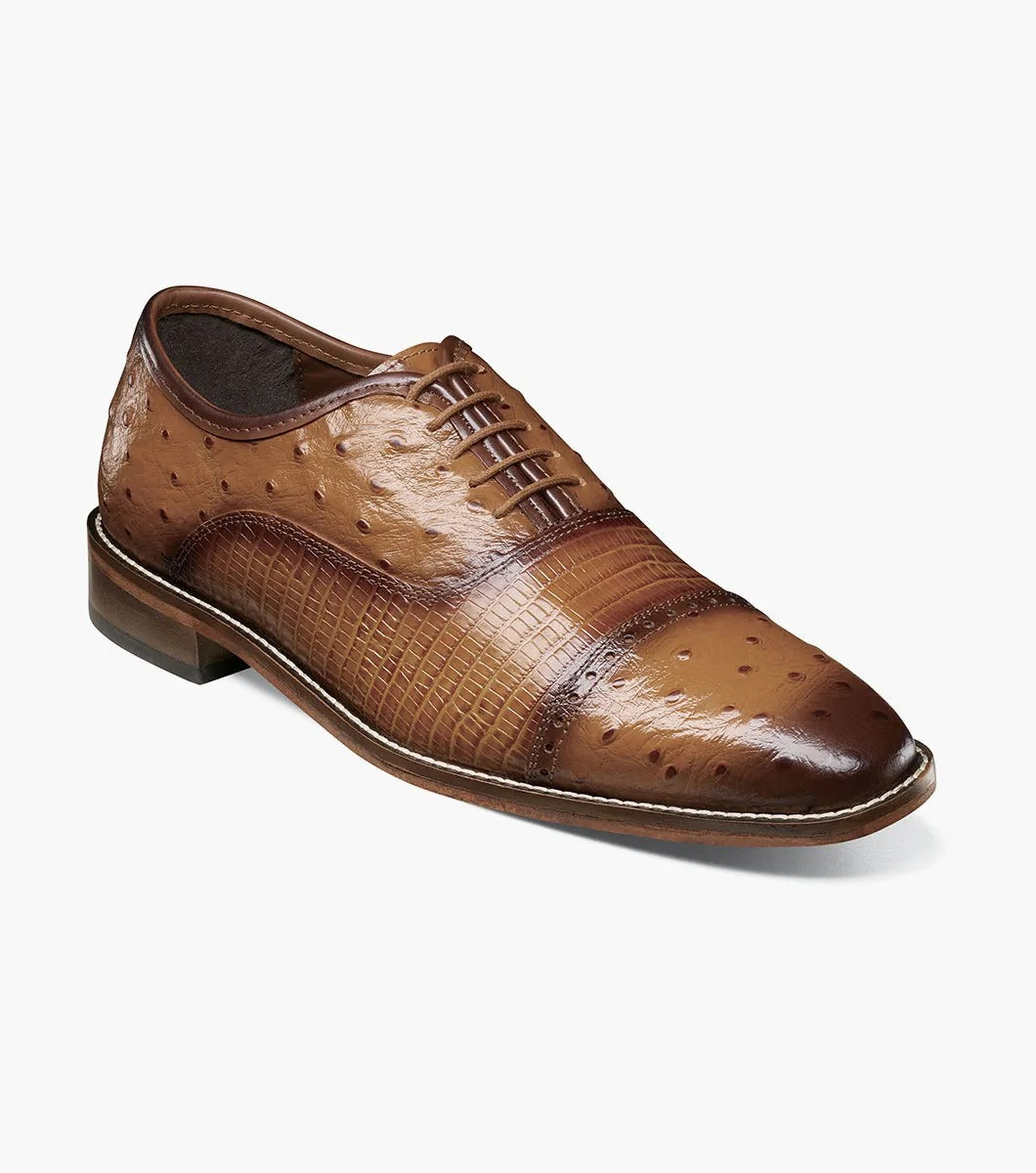 Stacy Adams' RODANO Leather Sole Cap Toe Oxford in Tan, style number 25527-240, is a textured brown leather dress shoe featuring laces and a low heel.