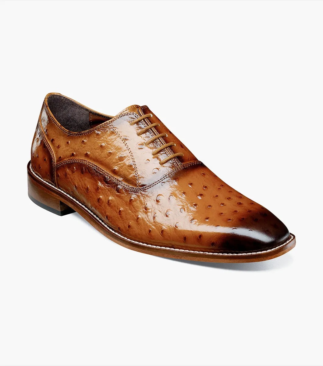 Stacy Adams' ROSELLI Leather Sole Plain Toe Oxford in Tan (25472-240) is crafted with brown leather featuring a glossy finish and ostrich quill texture detail, complete with a low heel, memory foam cushioning, and lace-up closure.