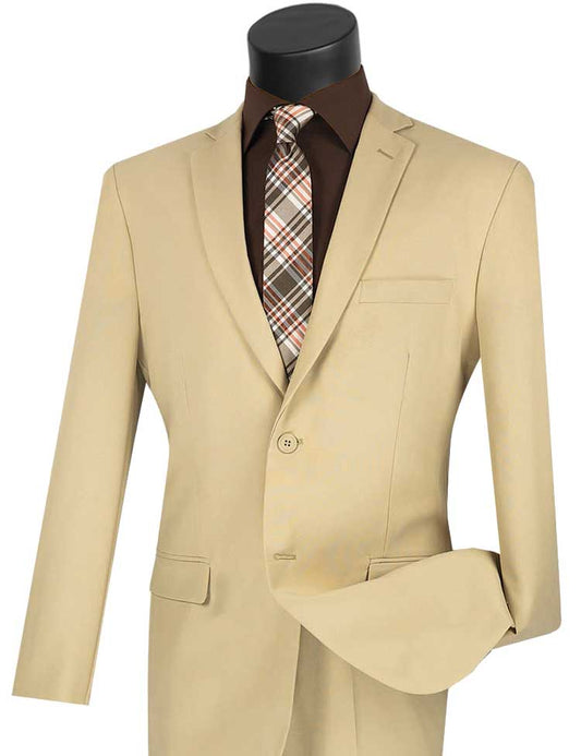 The Vinci Suits' Slim Fit 2 Piece 2 Button Business Suit in beige is elegantly displayed on a mannequin, paired with a stylish brown shirt and plaid tie.