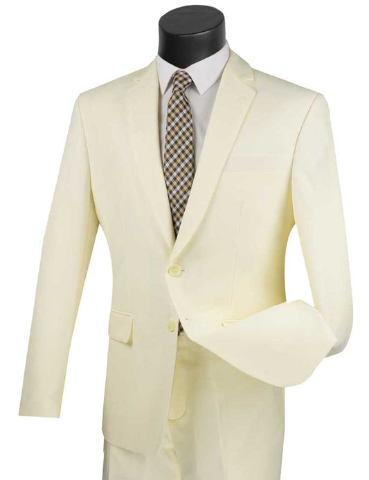 An ivory Vinci Slim Fit 2 Piece 2 Button Business Suit paired with a checkered tie, displayed on a mannequin.