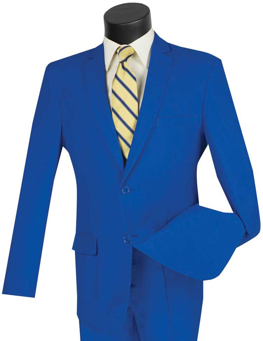 The mannequin stylishly wears the Vinci Slim Fit 2 Piece 2 Button Business Suit in Royal Blue by Vinci Suits, paired with a yellow collared shirt and a yellow and blue striped tie, featuring an ideal fusion of fashion with its blazer and pants ensemble.