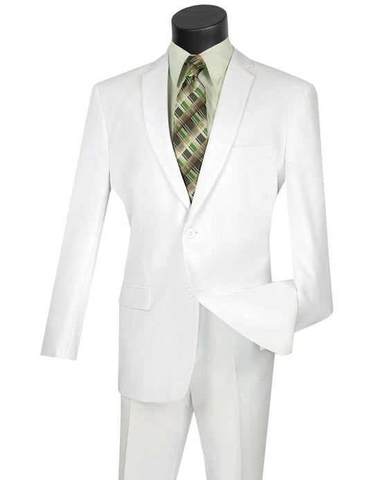 A mannequin elegantly showcases the Vinci Slim Fit 2 Piece 2 Button Business Suit in white, paired with a light green dress shirt and a green plaid tie from Vinci Suits, set against a plain background.