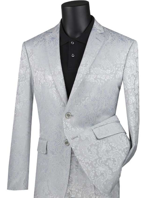 The Vinci Slim Fit 2 Piece Single Breasted Suit (Silver) S2F-1 from Vinci Suits boasts a luxurious wool feel and is elegantly showcased on a mannequin, expertly paired with a black shirt to achieve a sleek slim fit appearance.