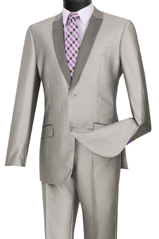 A shiny sharkskin slim fit suit in light gray by Vinci Suits, featuring a single button, paired with a lavender shirt and a purple plaid tie.