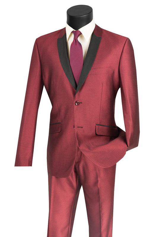 A mannequin elegantly displays the Vinci Slim Fit Shiny Sharkskin 2 Piece Suit in maroon from Vinci Suits, complete with black lapels, a crisp white shirt, and a coordinated tie to highlight modern sophistication.