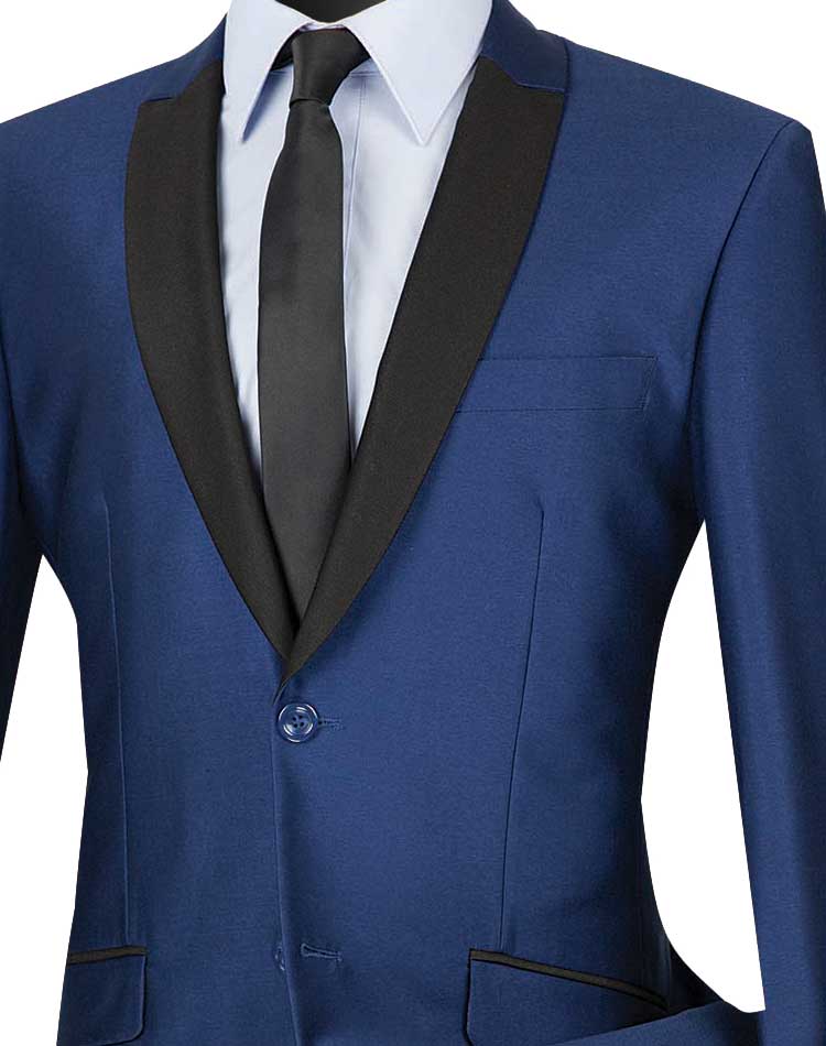 A stylish Vinci Slim Fit Shiny Sharkskin 2 Piece Suit in navy, featuring a black lapel and matching trousers, paired with a crisp white shirt and black tie from Vinci Suits, elegantly displayed on a mannequin.