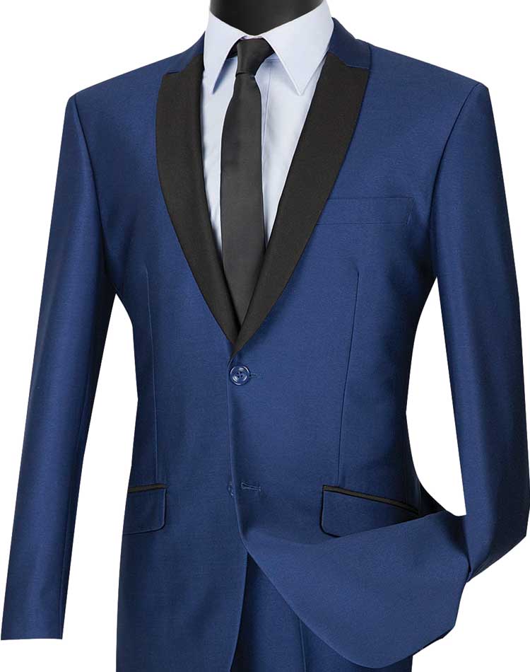 A stylish Vinci Slim Fit Shiny Sharkskin 2 Piece Suit in navy, featuring a black lapel and matching trousers, paired with a crisp white shirt and black tie from Vinci Suits, elegantly displayed on a mannequin.