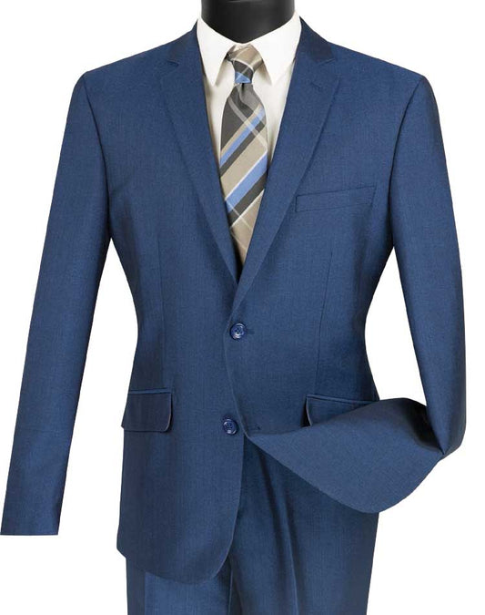 A Vinci Slim Fit 2 Piece Suit in blue is displayed on a black mannequin, featuring a white shirt complemented by a blue, gray, and white striped tie. This single breasted, wrinkle-resistant suit offers a sharp and polished look.