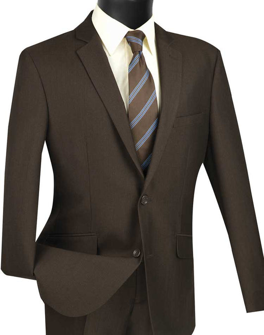 The Vinci Suits mannequin showcases the Vinci Slim Fit 2 Piece Suit, featuring a single-breasted, two-button design in brown and a notch lapel, elegantly complemented by a light striped tie.