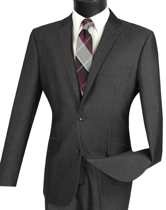 A Vinci Slim Fit 2 Piece Suit in Smoke, featuring a single-breasted jacket with a two-button design, is elegantly displayed on a mannequin along with a checkered tie.