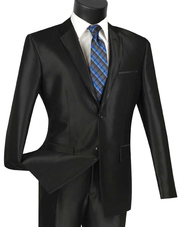 Vinci Slim Fit 2 Piece 2 Buttons Shiny Sharkskin Suit (Black) S2RR-4