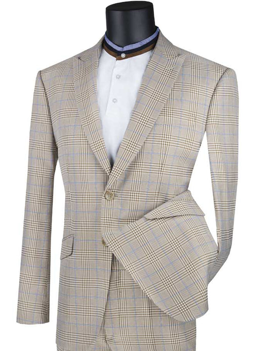 A mannequin showcases the Vinci Slim Fit Suit with Peak Lapel and Stretch Armhole in beige glen plaid, highlighted by a single button over a white shirt with a mandarin collar.