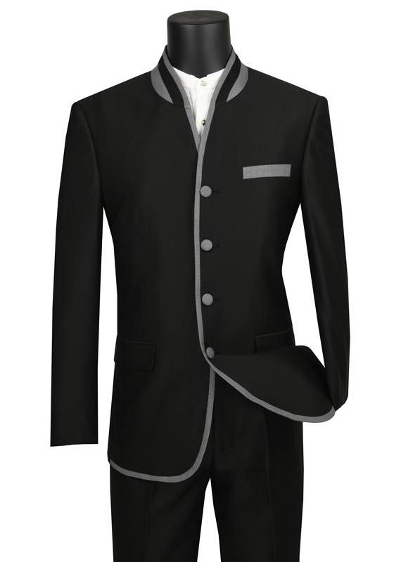 Vinci Slim Fit Banded Collar Shiny Sharkskin 2 Piece Suit (Black) S4HT-1