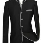 Vinci Slim Fit Banded Collar Shiny Sharkskin 2 Piece Suit (Black) S4HT-1