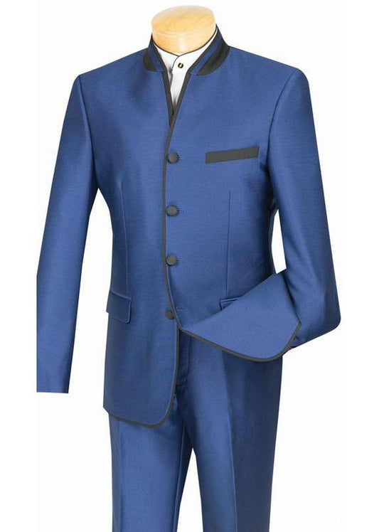 The Vinci Suits mannequin features a Vinci Slim Fit Banded Collar Shiny Sharkskin 2 Piece Suit in blue, accented with black trim. It boasts a high banded collar, button closure, and black pocket detailing.