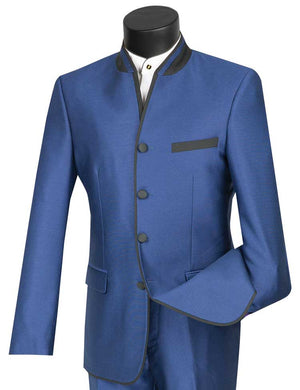 Vinci Slim Fit Banded Collar Shiny Sharkskin 2 Piece Suit (Blue) S4HT-1