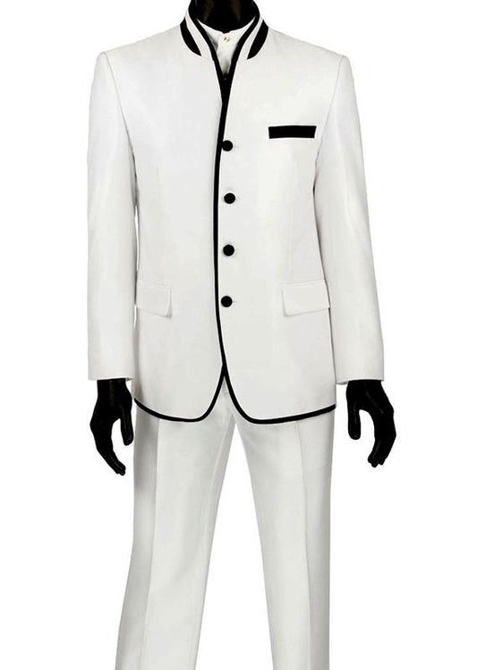 The Vinci Slim Fit Banded Collar Shiny Sharkskin 2 Piece Suit (White) S4HT-1 by Vinci Suits is displayed on a mannequin, featuring a sleek banded collar design in a slim fit style. This white suit includes shiny black buttons and trim, perfectly paired with a black pocket square and matching trousers.