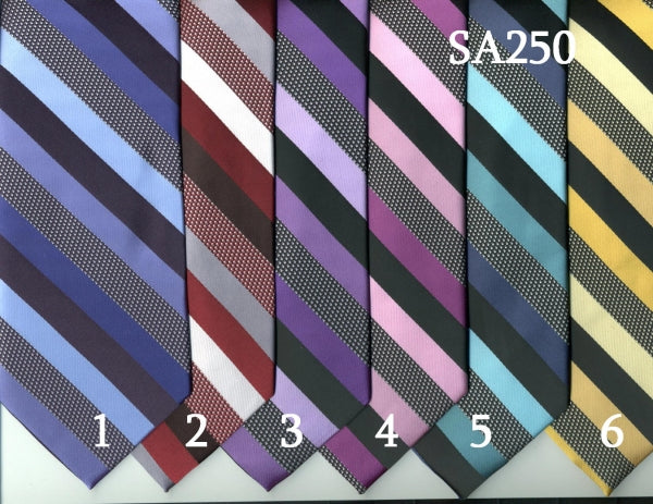 A row of six elegant striped ties, numbered 1 through 6, is showcased prominently. Ideal for any event, these ties beautifully complement our Striped Tie & Handkerchief Set (SA250) from Unique Design Menswear. They bring both style and sophistication with their vibrant color palette.