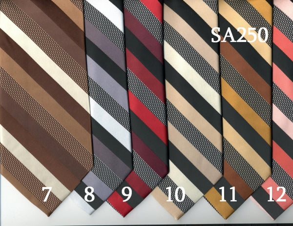 A row of six elegant striped ties, numbered 1 through 6, is showcased prominently. Ideal for any event, these ties beautifully complement our Striped Tie & Handkerchief Set (SA250) from Unique Design Menswear. They bring both style and sophistication with their vibrant color palette.