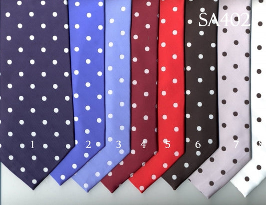 Eight vibrant ties from the Polka-Dot Tie & Handkerchief Set (SA402) by Unique Design Menswear are displayed, labeled from 1 to 8. Each tie harmonizes beautifully with the elegant SA402 collection.