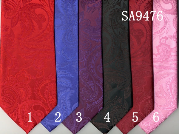 Displayed is a set of six vibrant ties, part of the Paisley Tone on Tone Tie & Handkerchief Set by Unique Design Menswear. The colorful selection includes hues of red, blue, purple, dark purple, dark green, and pink. Each tie is labeled with numbers from 1 to 6 for easy identification. The product code SA9476 is prominently placed at the top right corner.