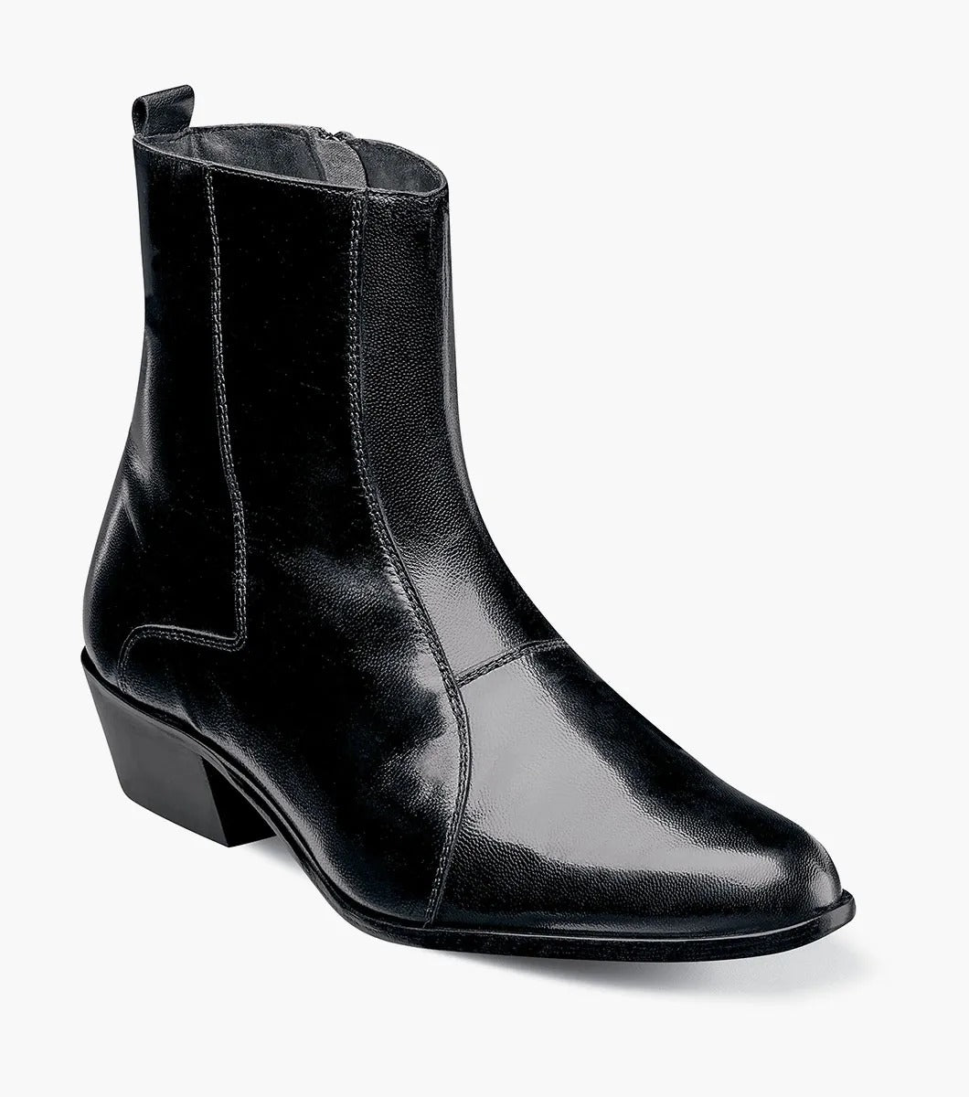 The Stacy Adams - SANTOS Slip On Boot in black showcases a sleek kidskin leather design with a side zipper and a low, angled heel, beautifully set against a white background.